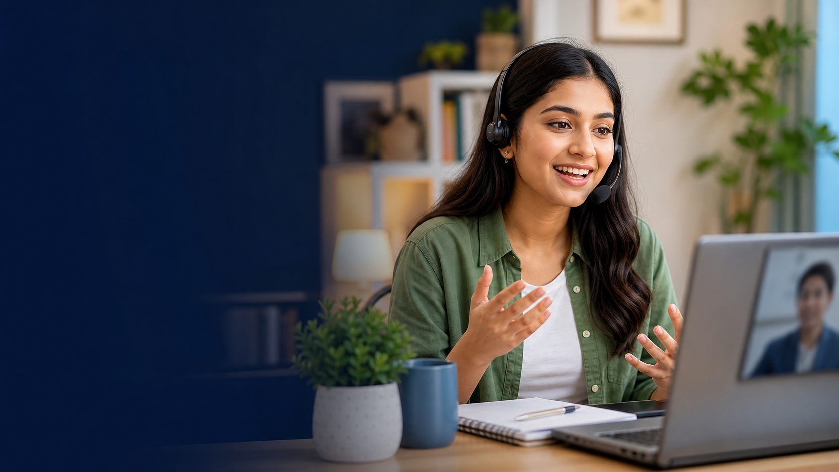 Student practicing spoken English in an online session